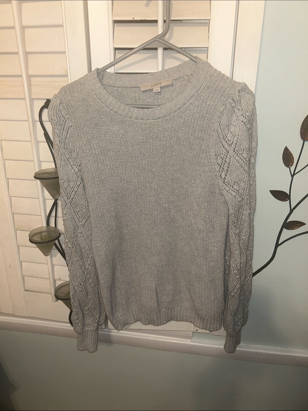 LOFT Light Gray Cable-Detail Crewneck Sweater